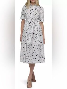 DKNY Cotton Midi Shirt Dress Polka Dot Casual Comfort Women 2 Office Modern